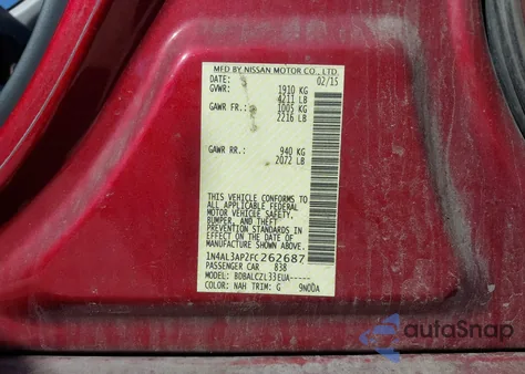 2015 Nissan Altima 2.5/2.5 S/2.5 Sl/2.5 Sv z USA, uszkodzony, nr VIN 1N4AL3AP2FC262687